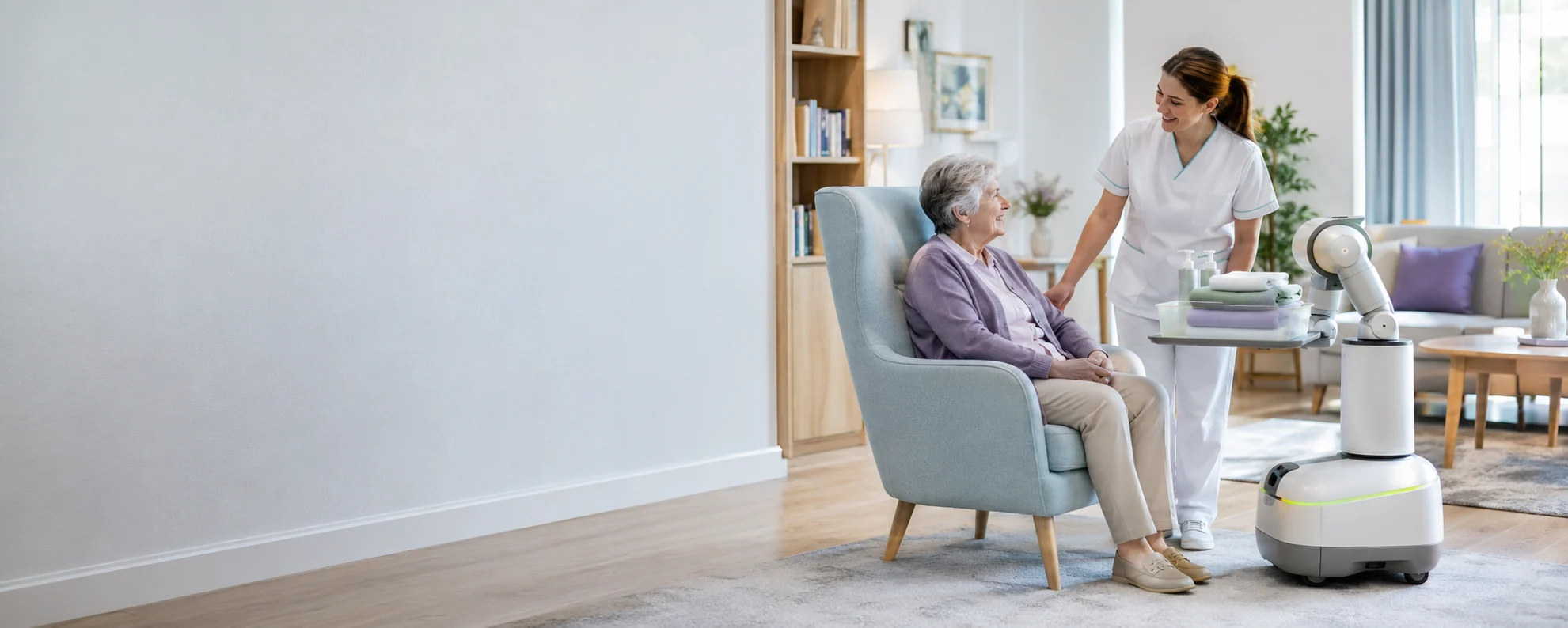 A nurse, an older adult and a practical care robot working together in a bright care facility