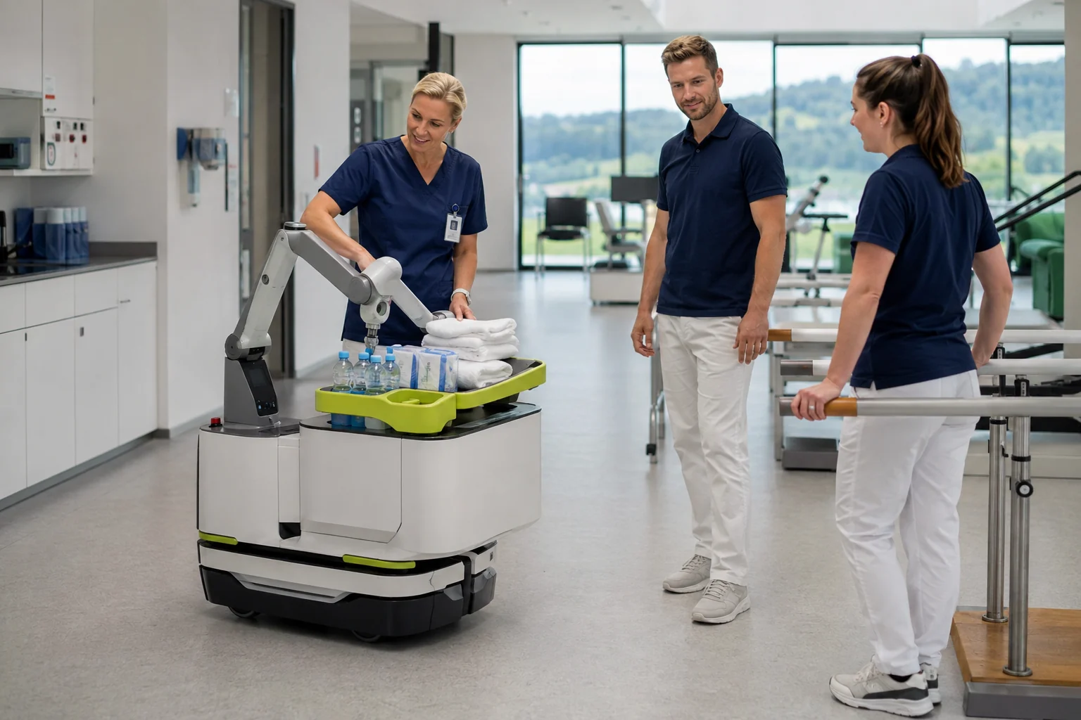 A nurse supervising a compact service robot transporting supplies in a modern care setting